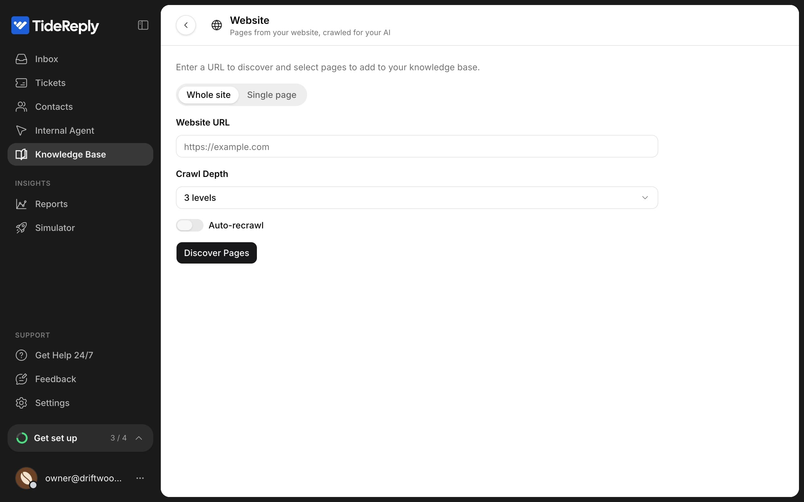 The Website form with Whole site and Single page tabs, the Website URL field, Crawl Depth, the Auto-recrawl switch and Discover Pages