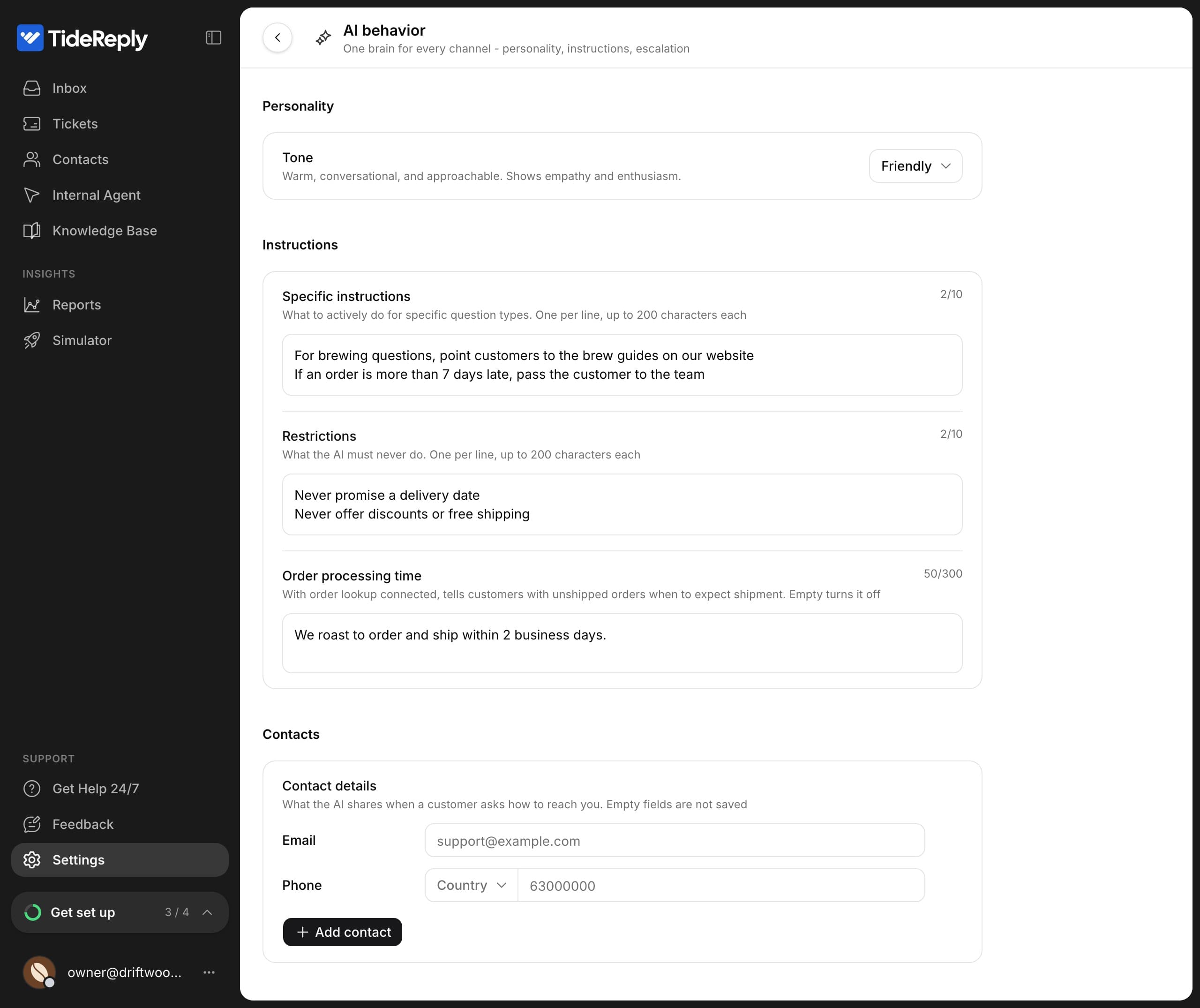 Settings > AI behavior with the tone set to Friendly, two instructions, two restrictions and an order processing time