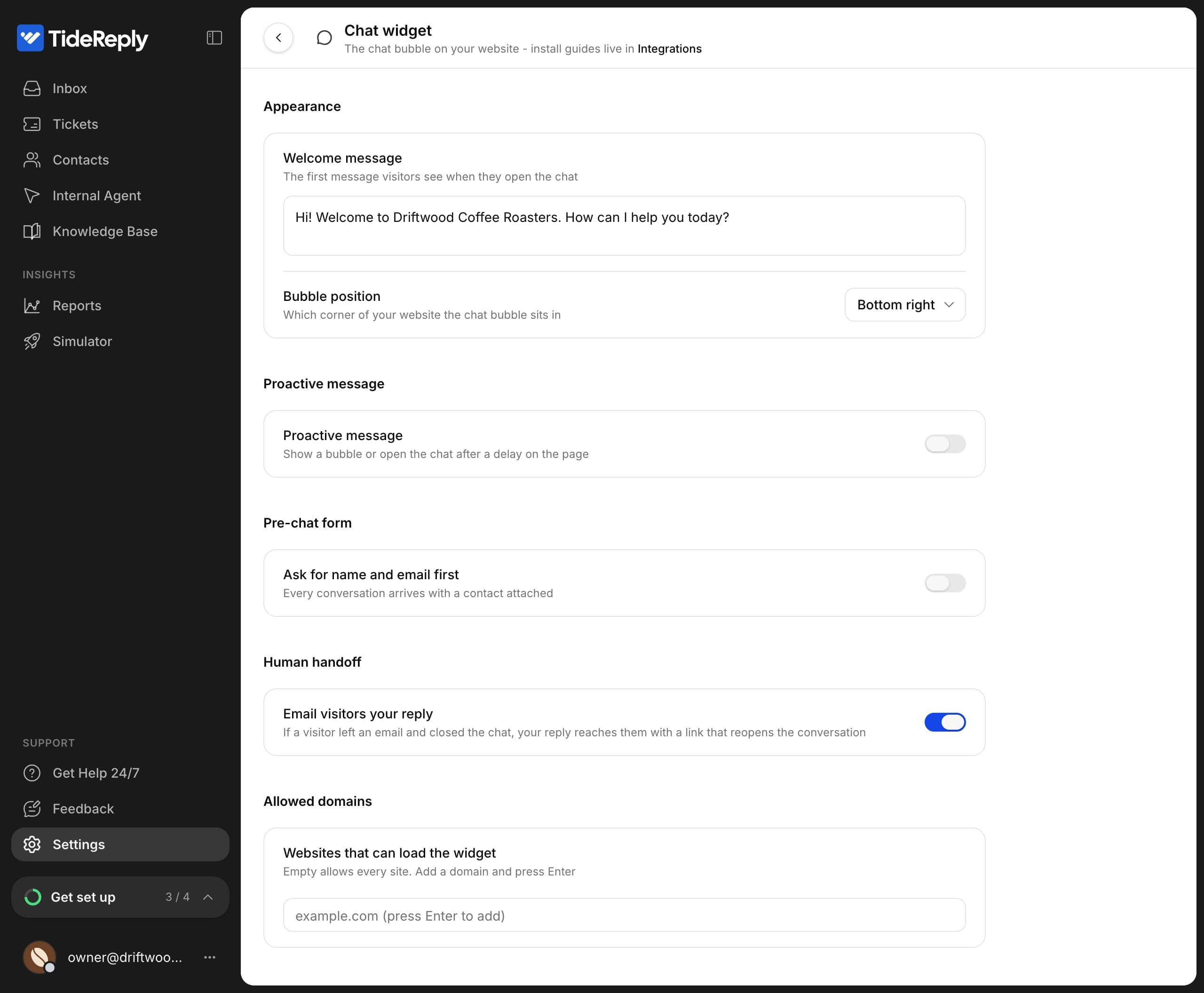 Settings > Chat widget: welcome message, bubble position, proactive message, pre-chat form, human handoff and allowed domains settings