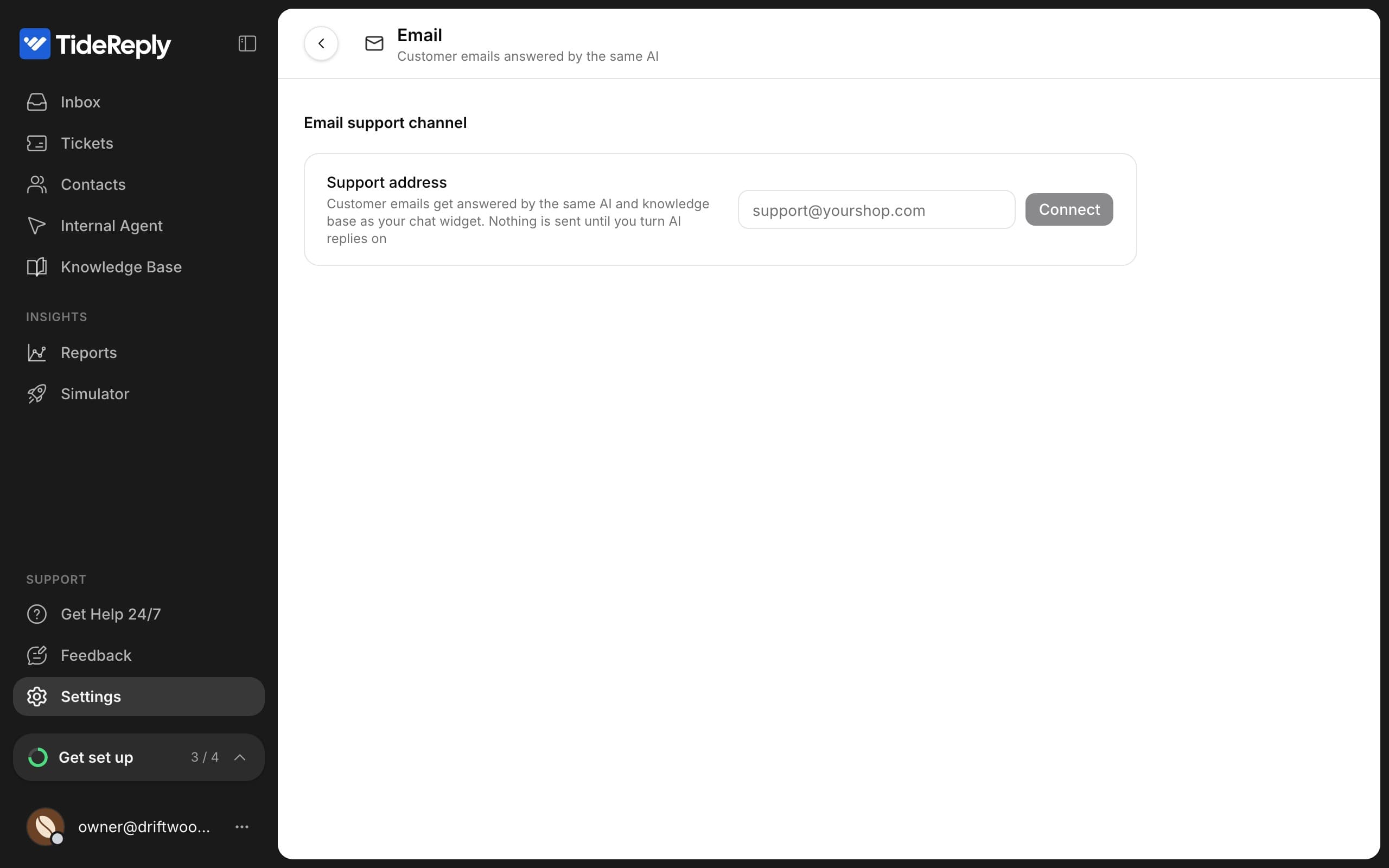 Settings > Email with the Support address field and the Connect button