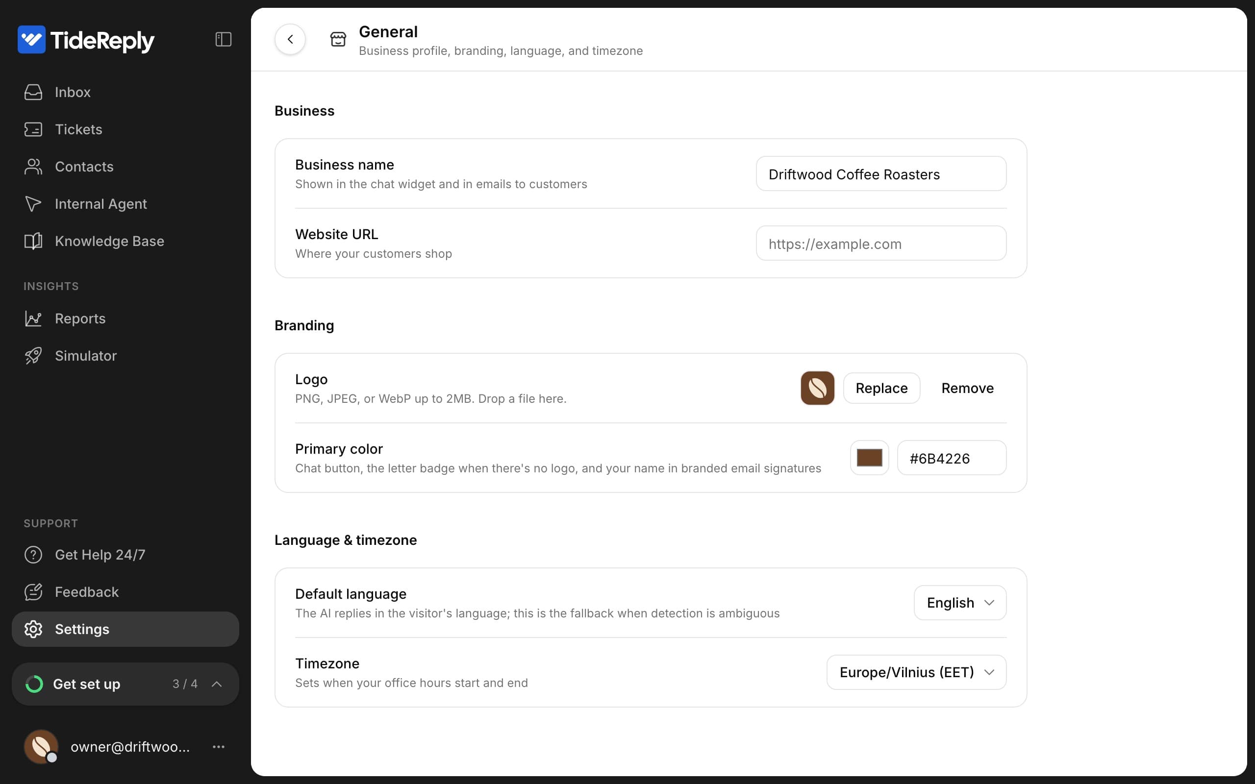 Settings > General with the business name, a coffee bean logo, a brown primary color, language and timezone