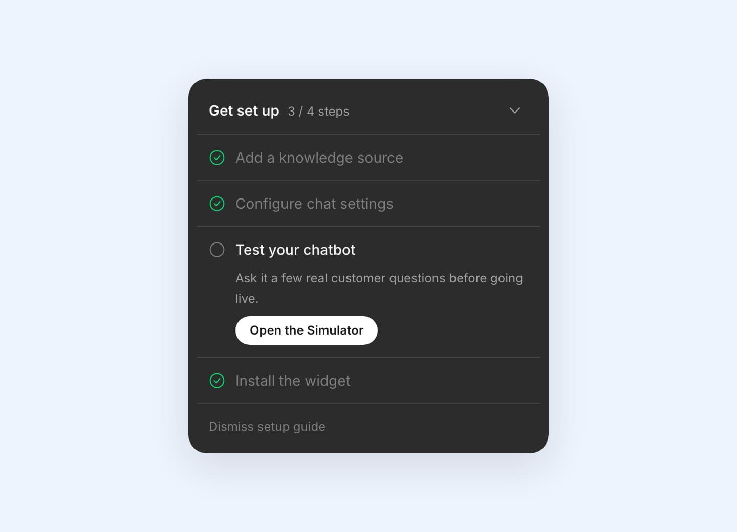 The Get set up checklist with three of four steps done and an Open the Simulator button on the next one