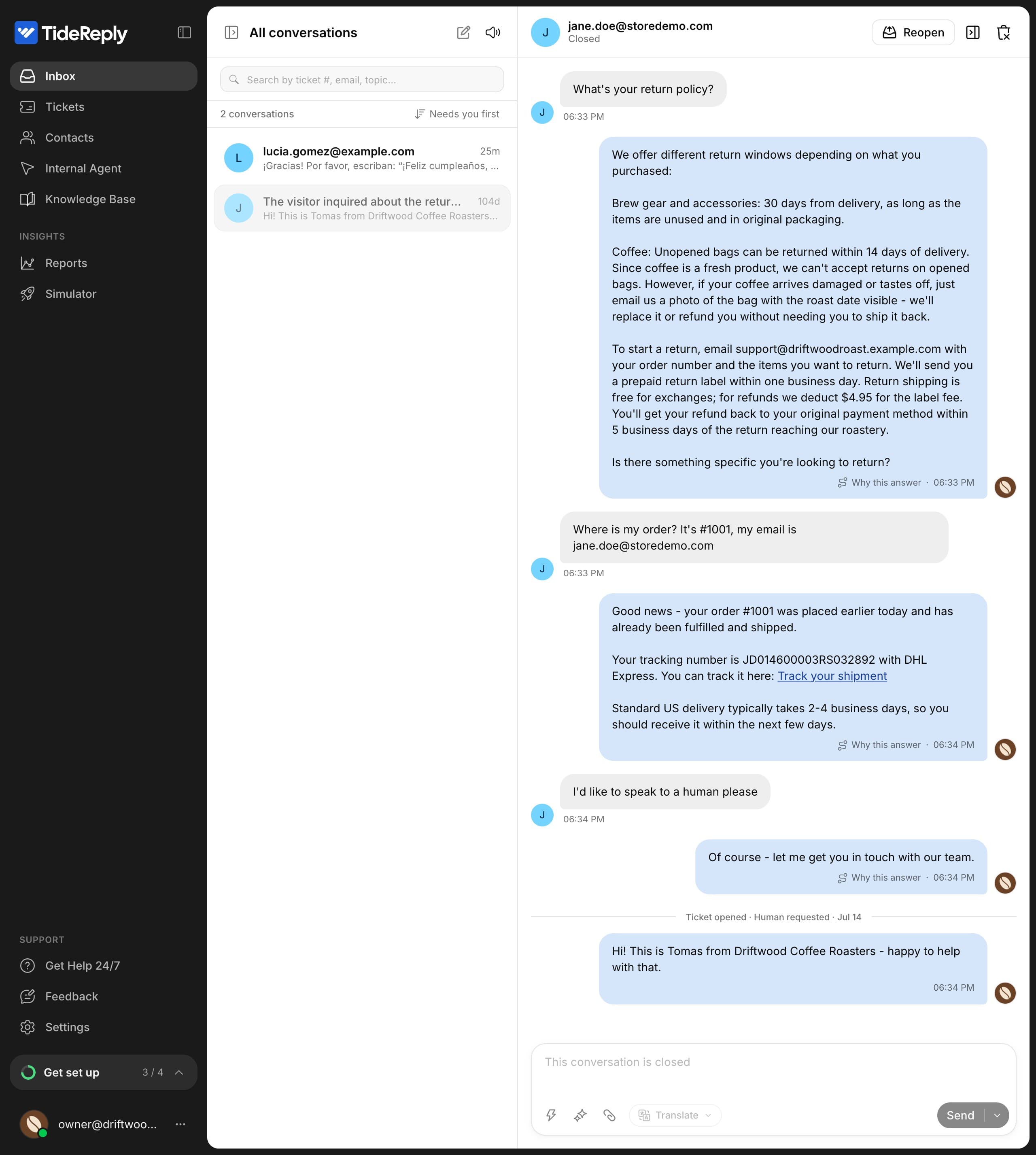 The inbox showing a conversation where the AI answered a return question, looked up order #1001, the customer asked for a person, and a teammate replied