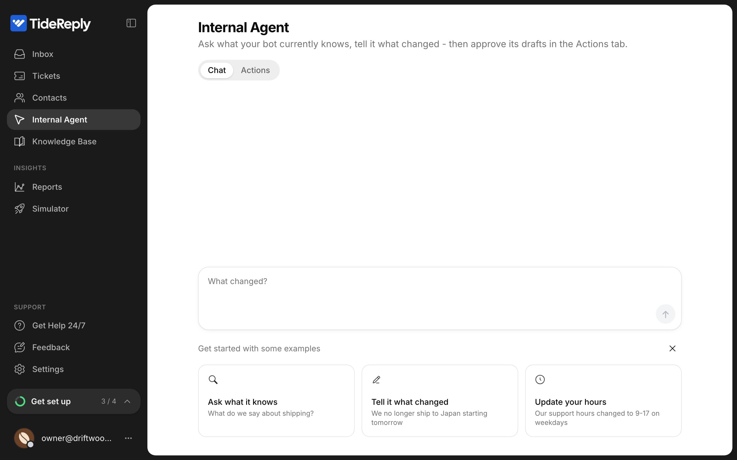 The Internal Agent with its Chat and Actions tabs, a "What changed?" box and example prompts