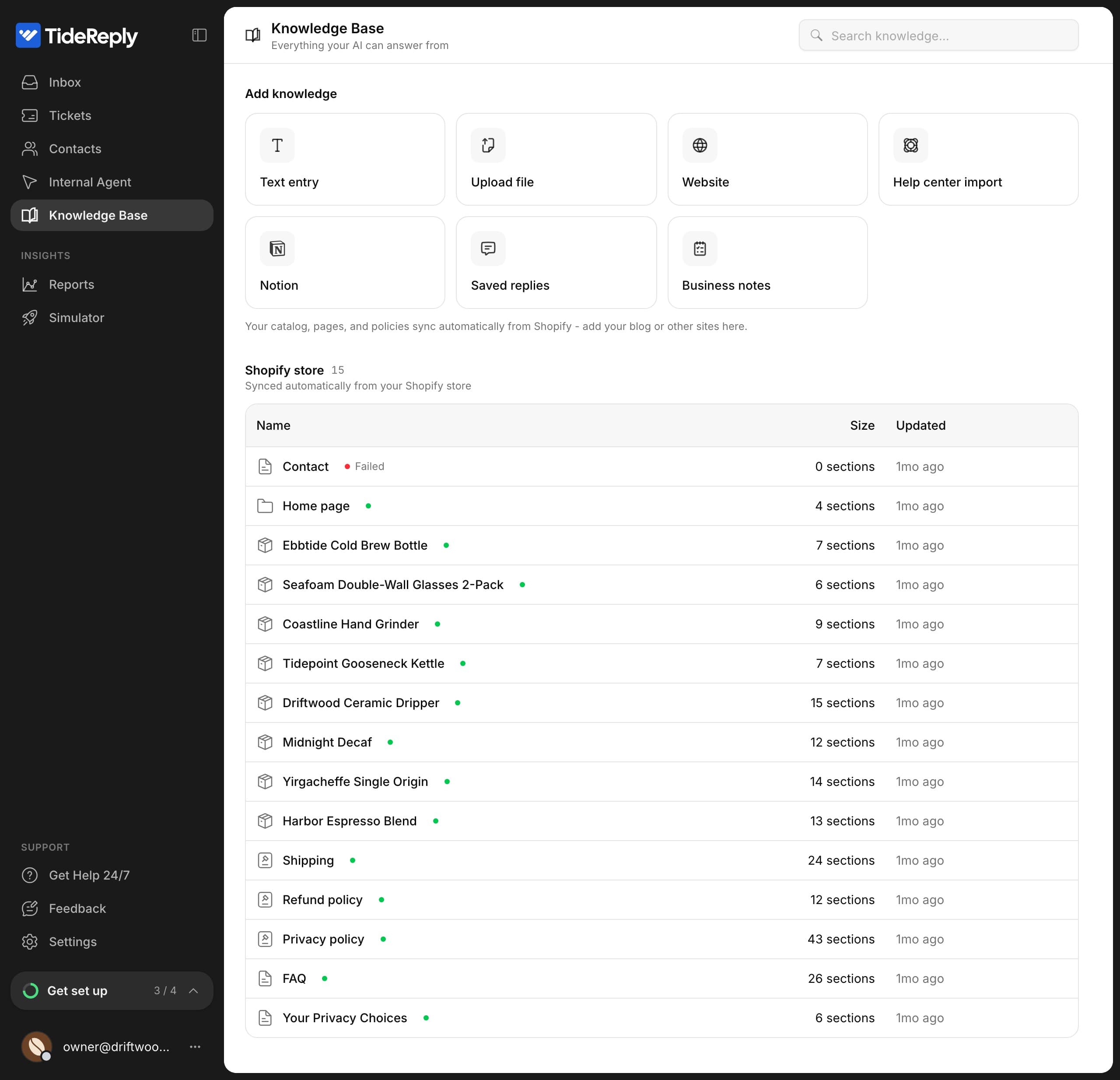 The Knowledge Base page with tiles for Text entry, Upload file, Website, Help center import, Notion, Saved replies and Business notes, above the pages synced from a Shopify store
