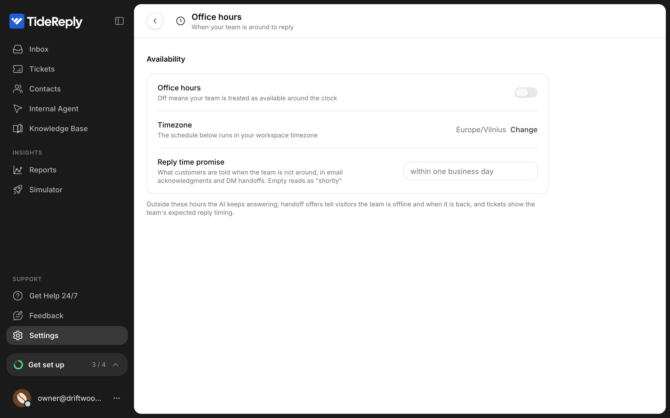 Settings > Office hours with the Office hours switch, timezone and reply time promise