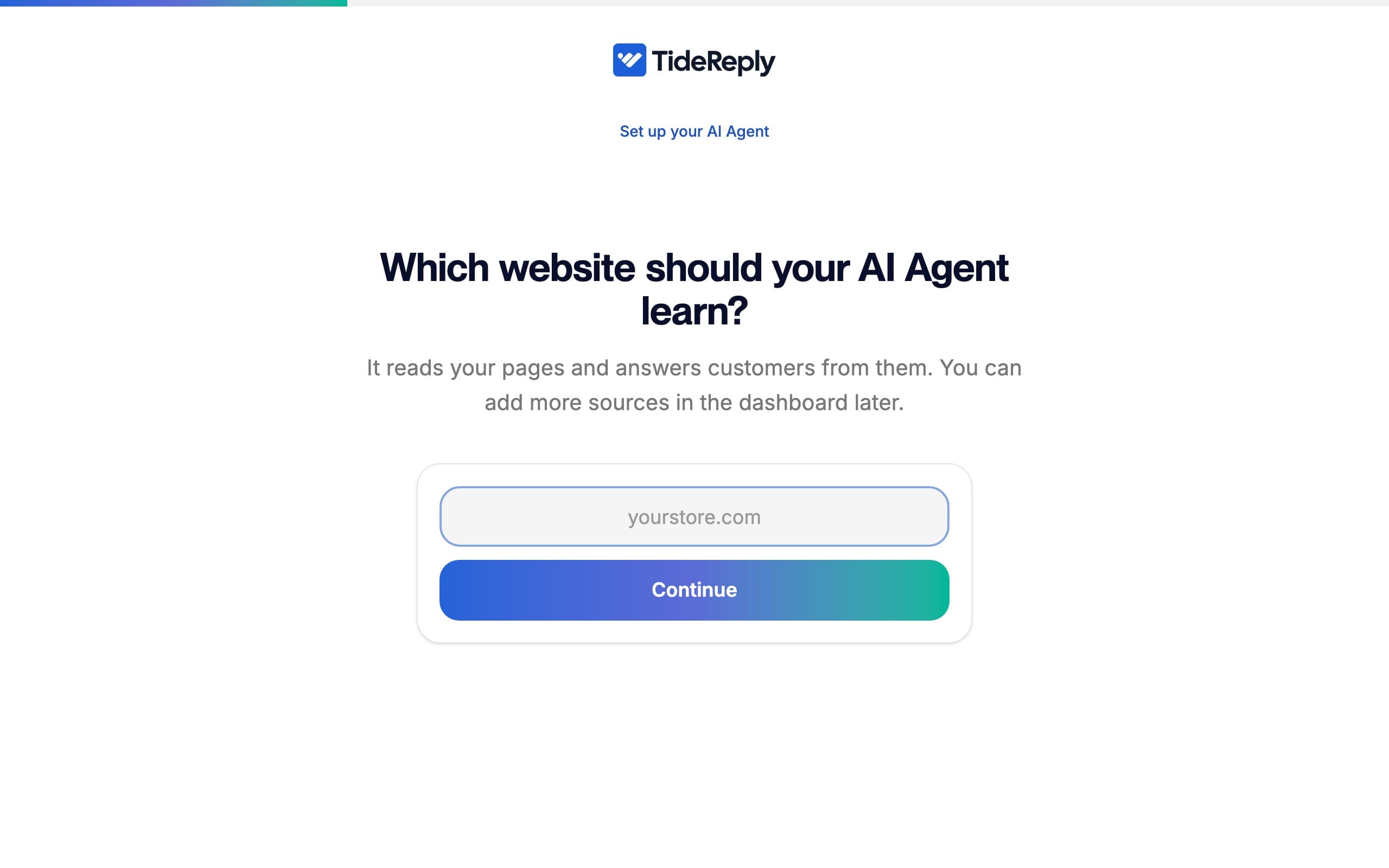 The setup screen asking "Which website should your AI Agent learn?" with a website field and a Continue button