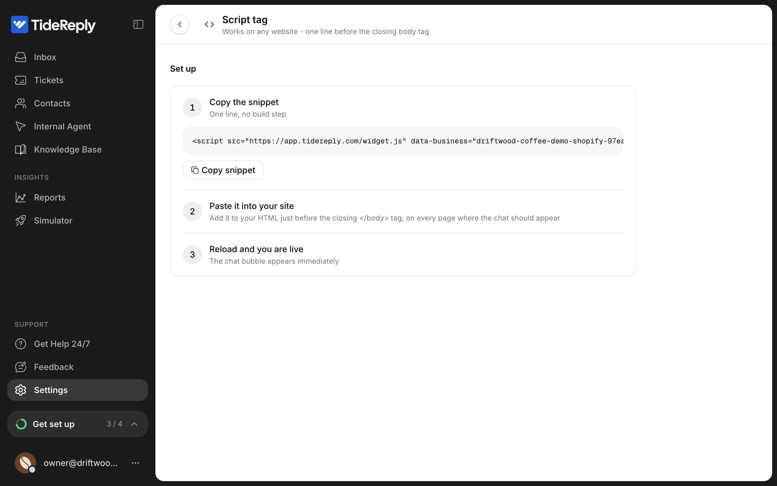 Settings > Script tag in the TideReply dashboard, with the snippet and the Copy snippet button