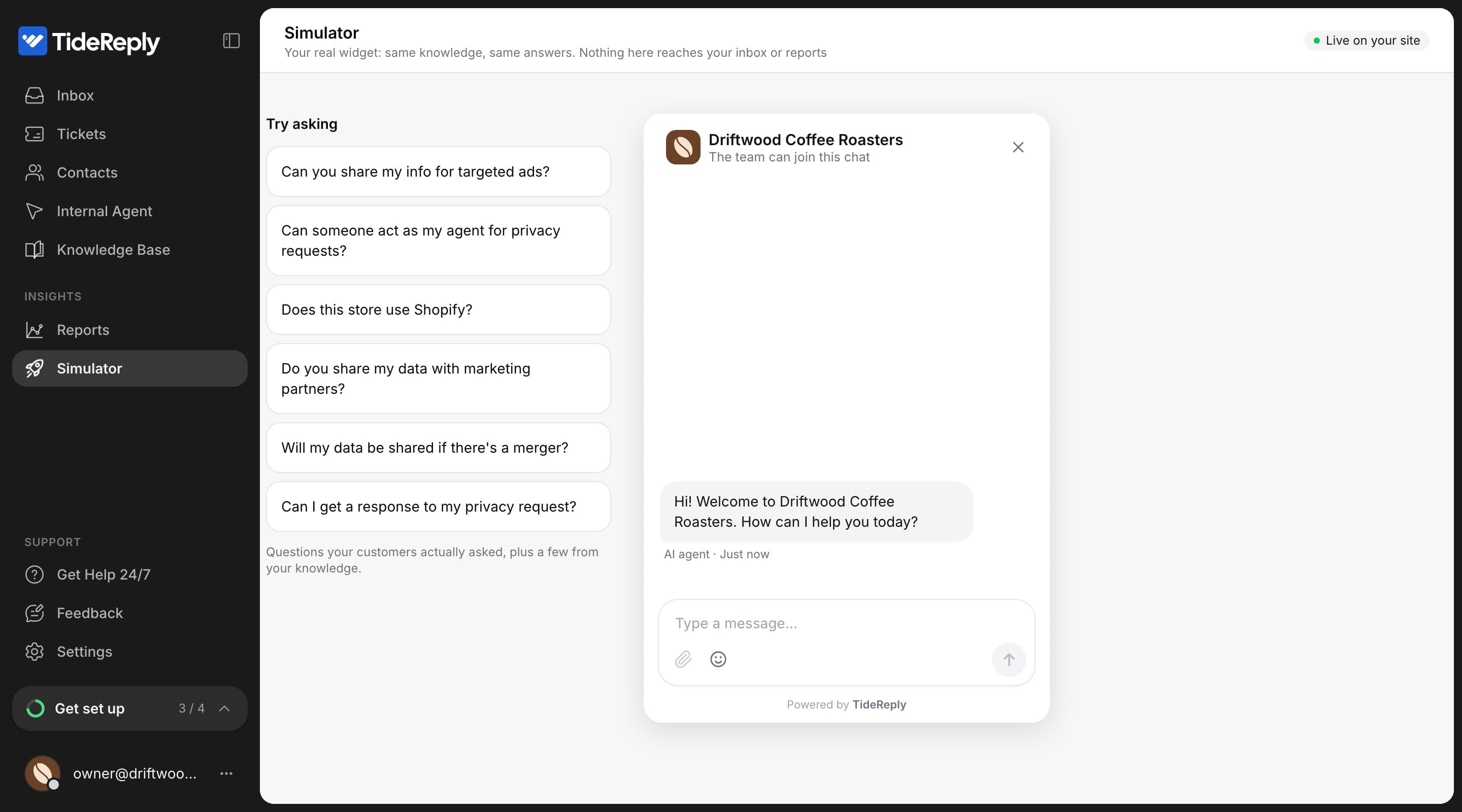 The Simulator: Try asking suggestions on the left and the real chat window on the right