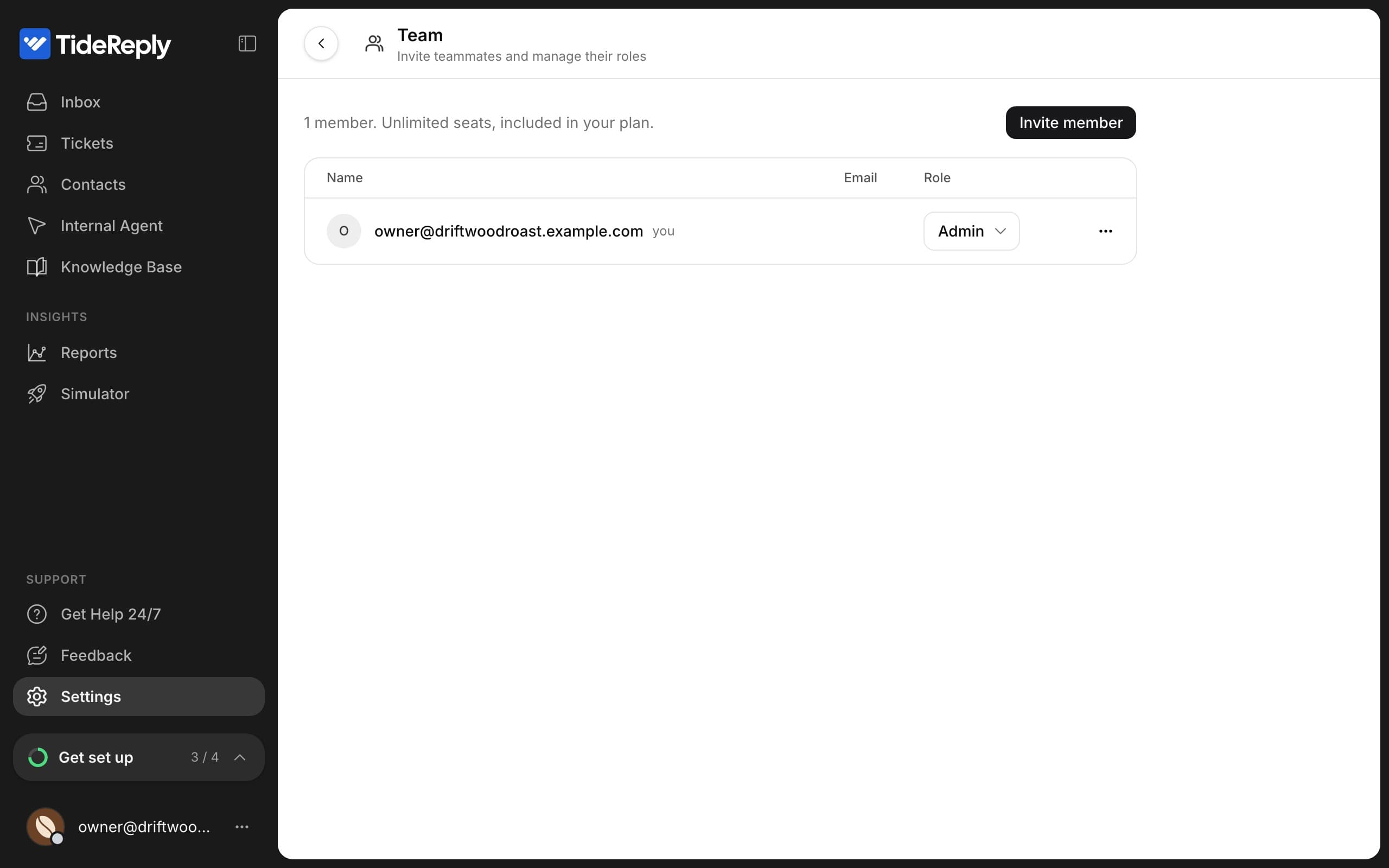 Settings > Team with the member list and the Invite member button