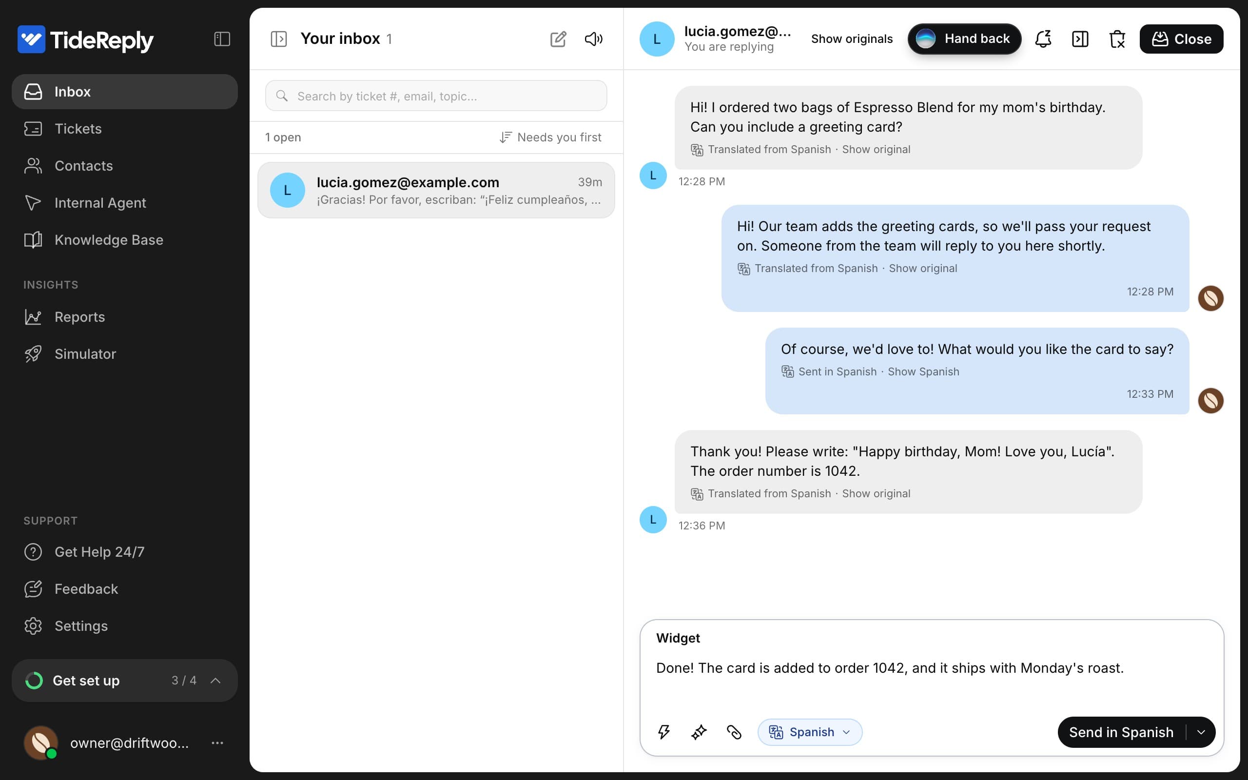A Spanish-speaking customer's conversation shown in English: her messages and the AI's reply say Translated from Spanish · Show original, the teammate's reply says Sent in Spanish · Show Spanish, and an English reply waits in the reply box next to the Send in Spanish button