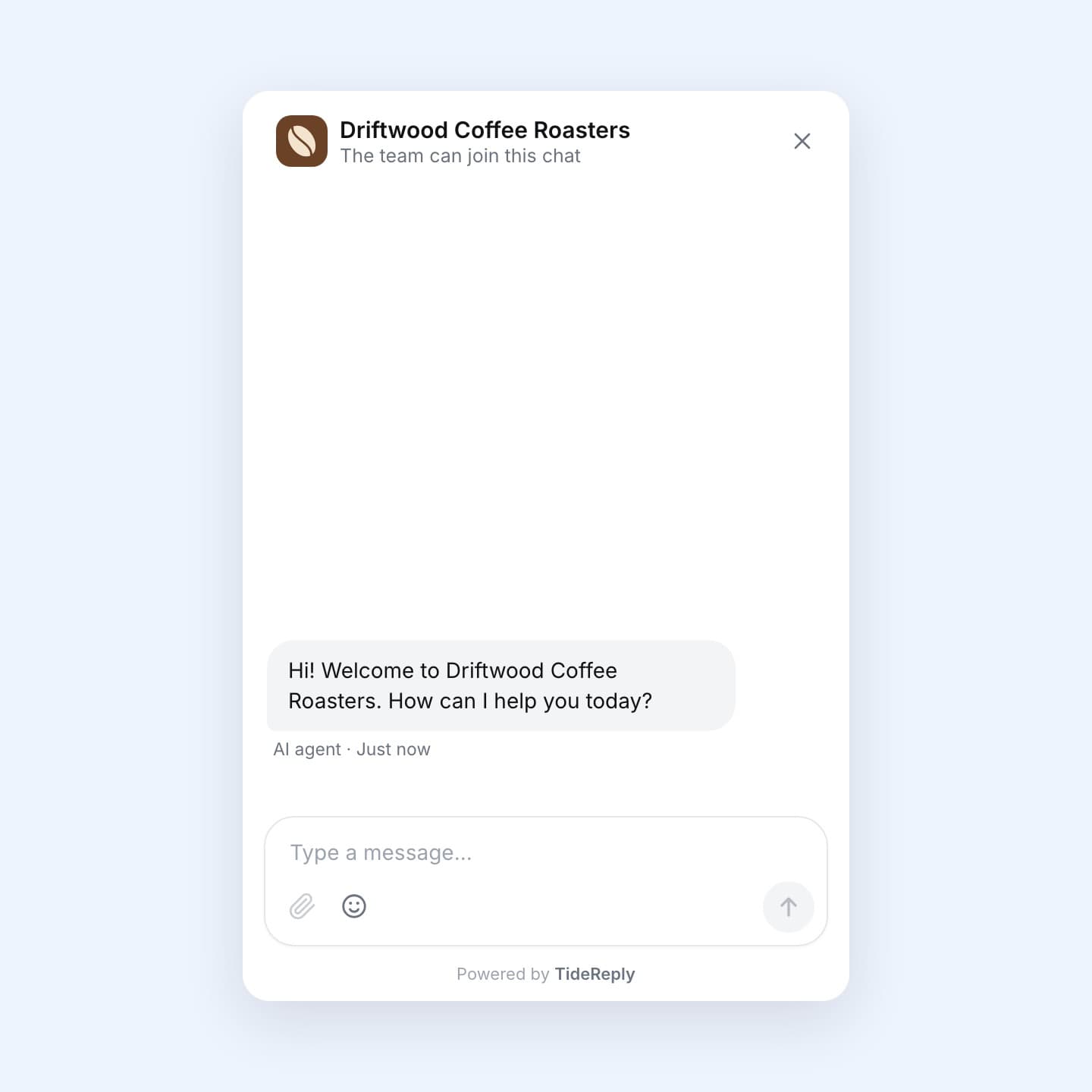 The open chat with the Driftwood Coffee Roasters logo and name at the top, the welcome message "Hi! Welcome to Driftwood Coffee Roasters. How can I help you today?" and a message box
